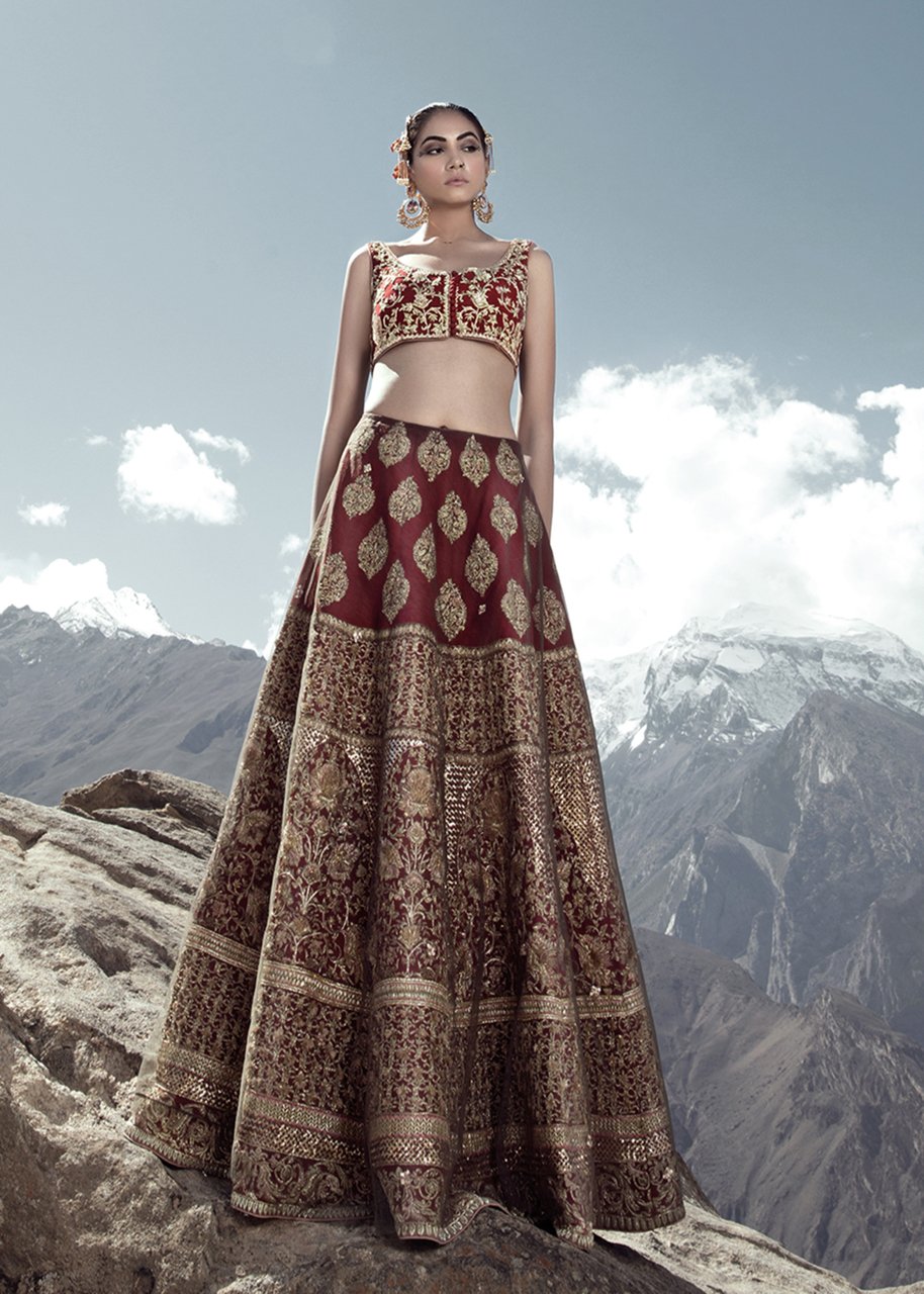 Latest Indian embroidered skirt dress in red color for wedding wear # B3410