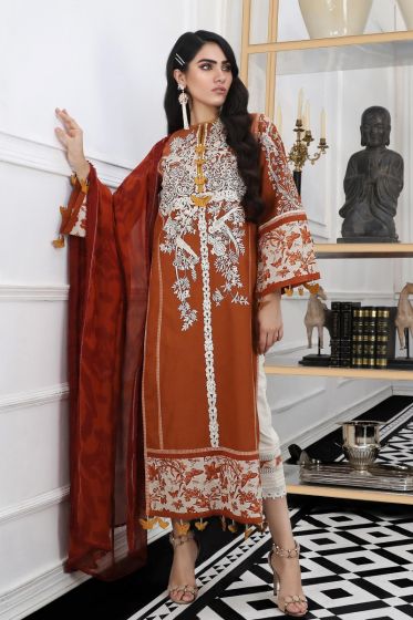Pakistani embroidered slub outfit for casual wear in orange color