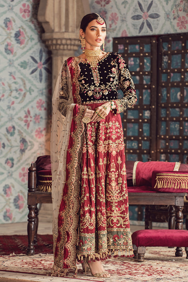 Latest designer embroidered velvet dress in black and red color # P2437