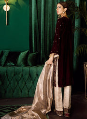 Beautiful Pakistani embroidered velvet party dress in burgundy color # P2458