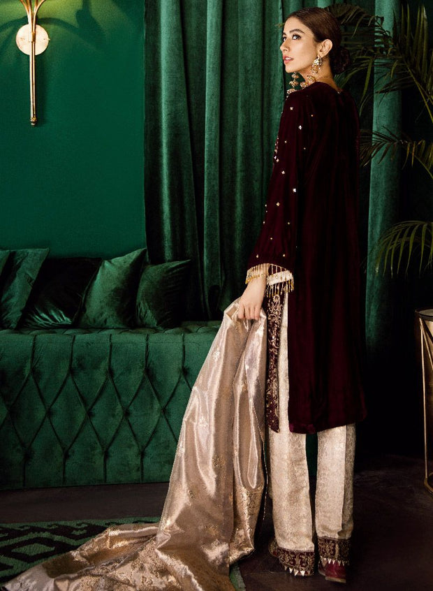Beautiful Pakistani embroidered velvet party dress in burgundy color # P2458