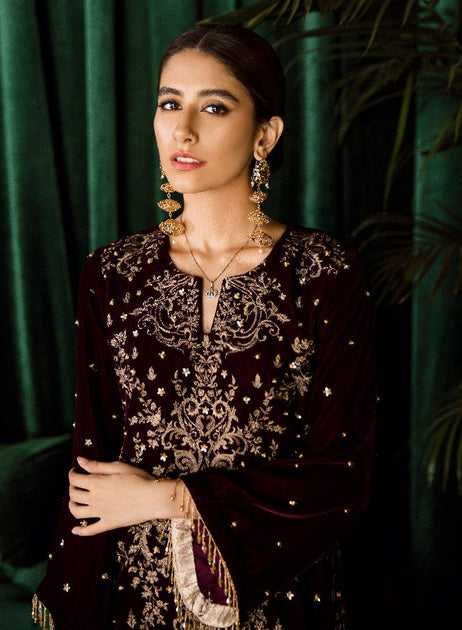 Embroidered velvet Party dress with beautiful work – Nameera by Farooq