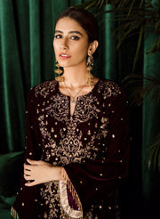 Beautiful Pakistani embroidered velvet party dress in burgundy color # P2458