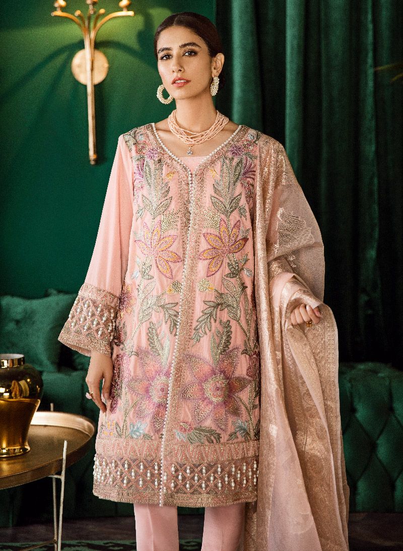Beautiful Pakistani embroidered velvet party outfit in soft peach color # P2459