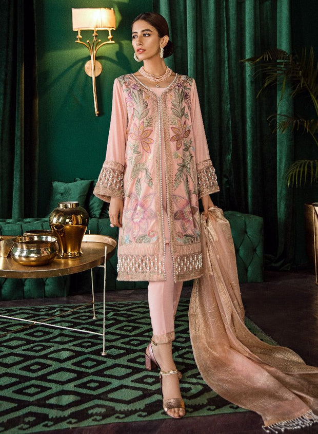 Beautiful Pakistani embroidered velvet party outfit in soft peach color # P2459