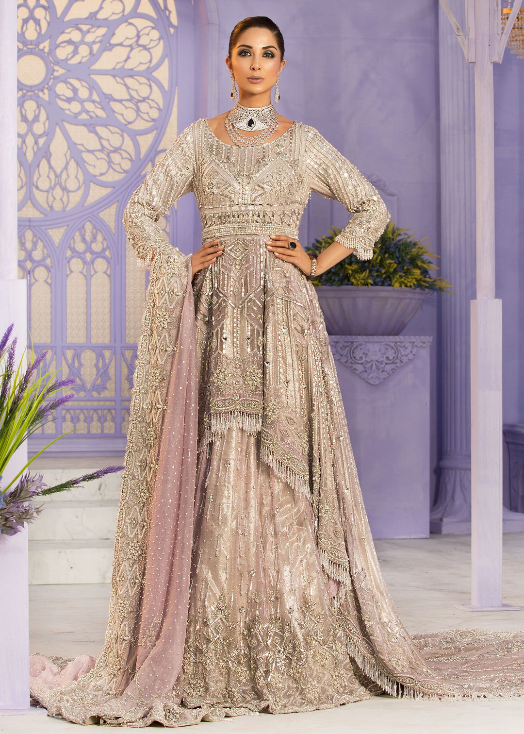 Latest Pakistani Embroidered bridal dress online in pink color # B3470
