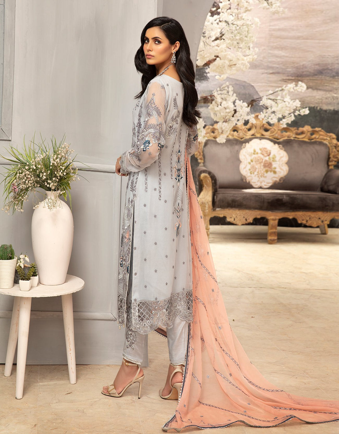 Embroidered grey party wear