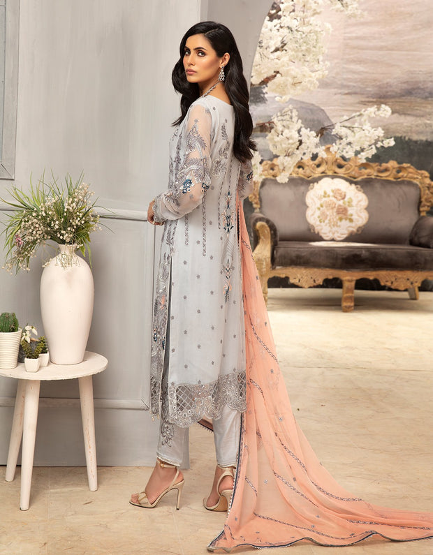 Buy Pakistani Steel Grey Chiffon Dress With Peach Color Nameera by Farooq
