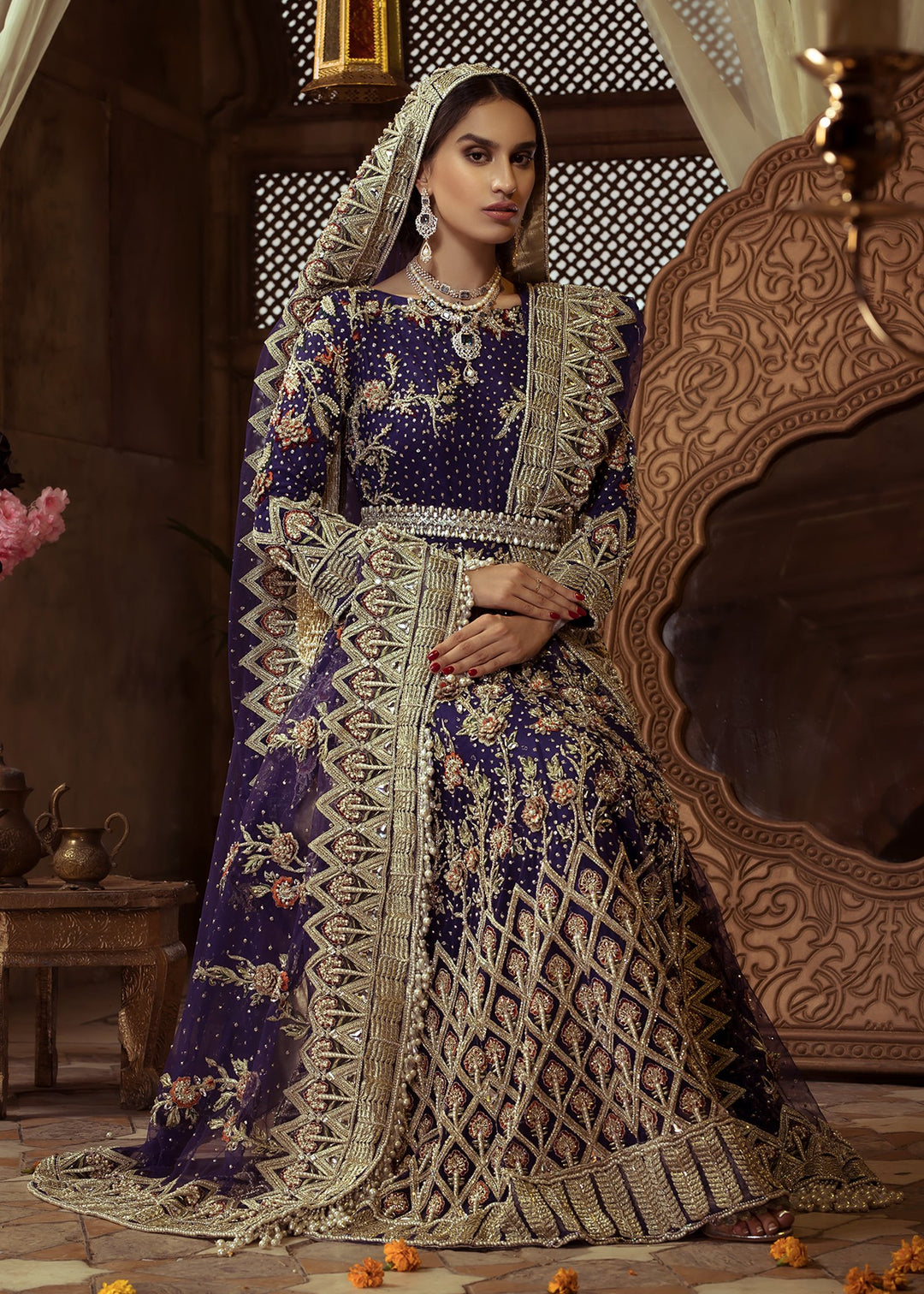 Latest Pakistani Embroidered online bridal Outfit in blue color # B3472