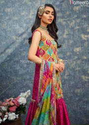 Pakistani Bridal Mehndi Gharara with Short Kurti  in Multi Color