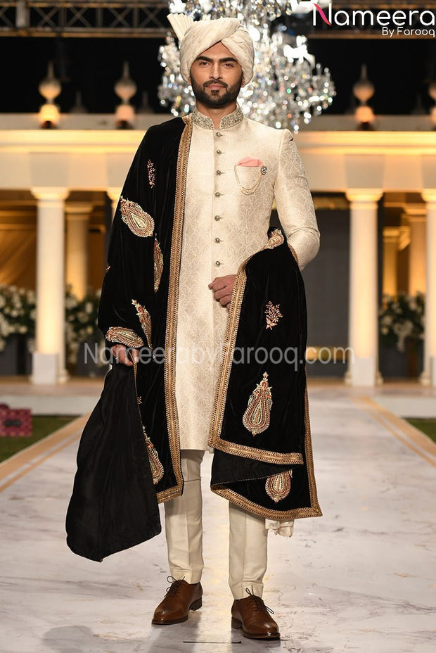 Embroidery Pakistani Sherwani  in Off White 2021 Front Look