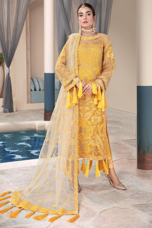 Embroidered Net Silk Dress in Yellow Color #Y6091