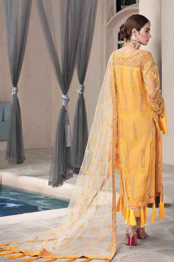 Embroidered Net Silk Dress in Yellow Color #Y6091