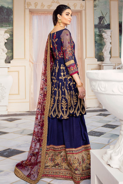 Embroidered Silk Party Outfit in Navy Blue Color – Nameera by Farooq