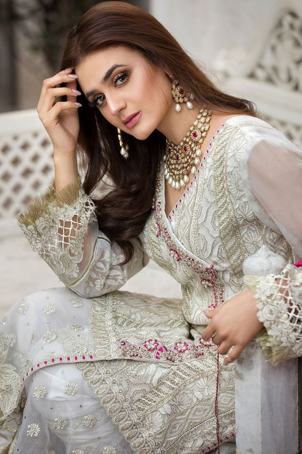 Embroidered Chiffon Dress in Off White Color Close Up