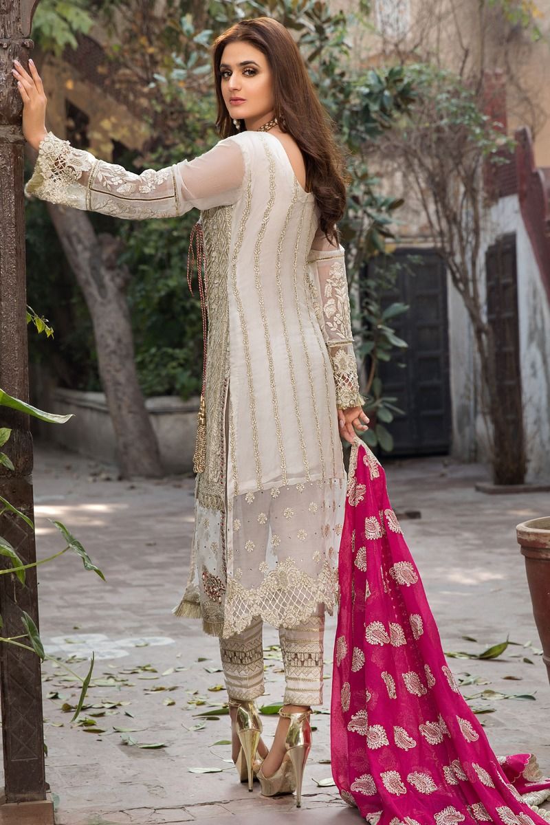 Embroidered Chiffon Dress in Off White Color Backside Look