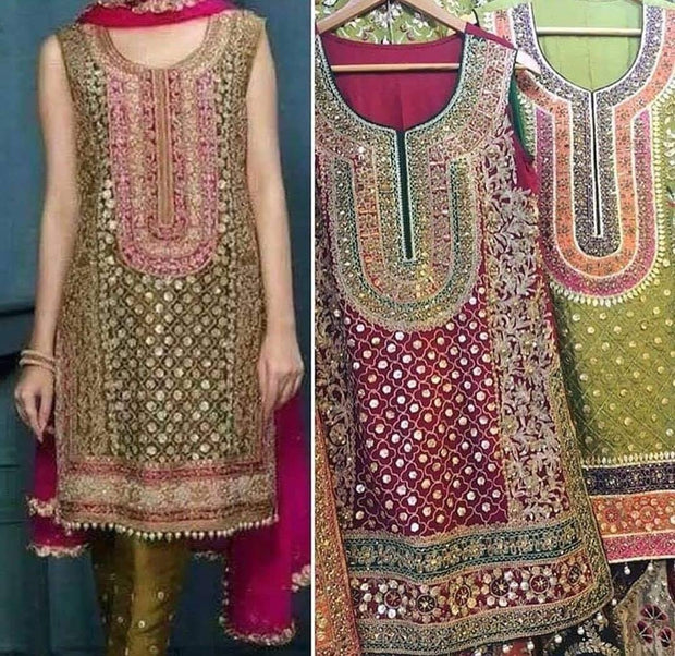 Mehndi Party Dress In Mehndi Green Color.Work Embalished With Tilla,Threads,Moti,Nagh,&,Gota Work.