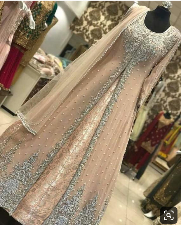 Nikah Bridal Long Maxi In Beautiful Pastel Pink Color.With Pearls Moti Nagh And Pure Dabka Work.