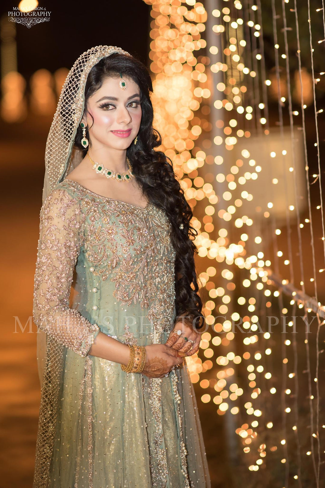 Beautiful bridal maxi in mint green color with dull gold and silver color