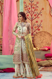 Off White Nikah Bridal Dress By Saira Shakira.Dress Based On Open Shirt And Sharara.Work Embellished With Tilla Threads Embroidery Sequance Pearls & Crystal Work.