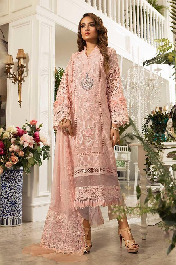 Festive Pink Dress 2019 By Maria B.Work Emballished With Chiken Kari Threads Embroidery And Pearl Work. 