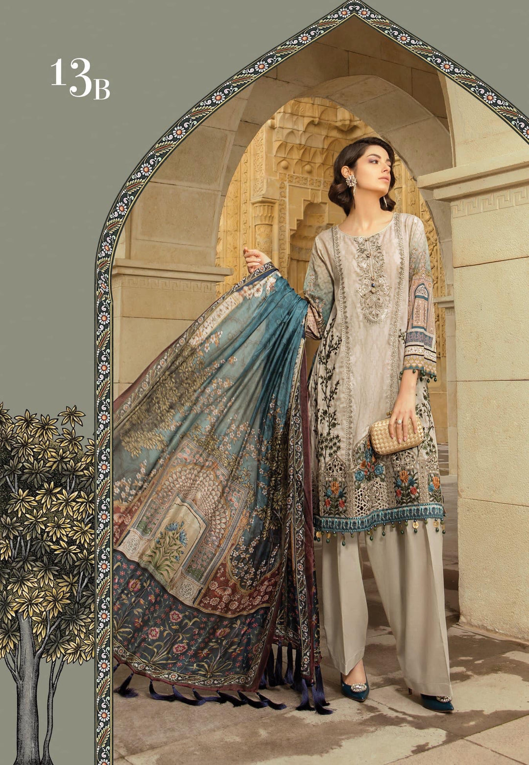Maria B Stylish Dress In Beutifull Light Gray And Dark Blue Color.Work Embellished With Multi Threads Embroidery And Patches Work.