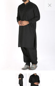 Black Men Suit By Junaid Jamshed. Work Embellished Plain Haming On Neck Collar And Sleeves Cuffs.