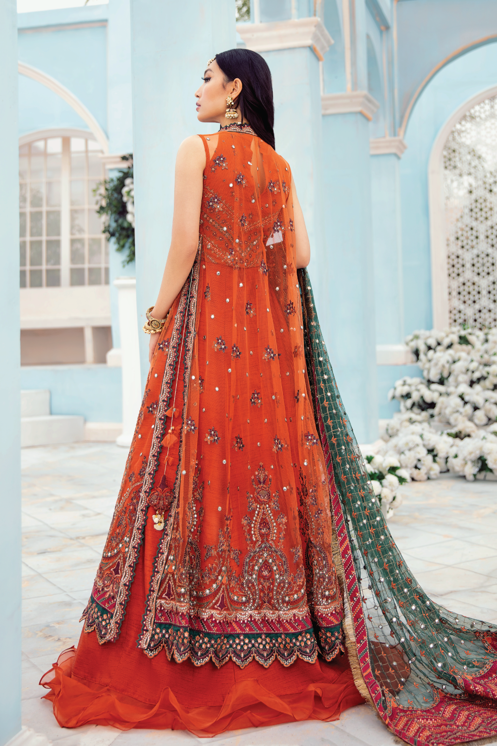 Fancy Party Wear Pakistani Long Dress in Rust Shade
