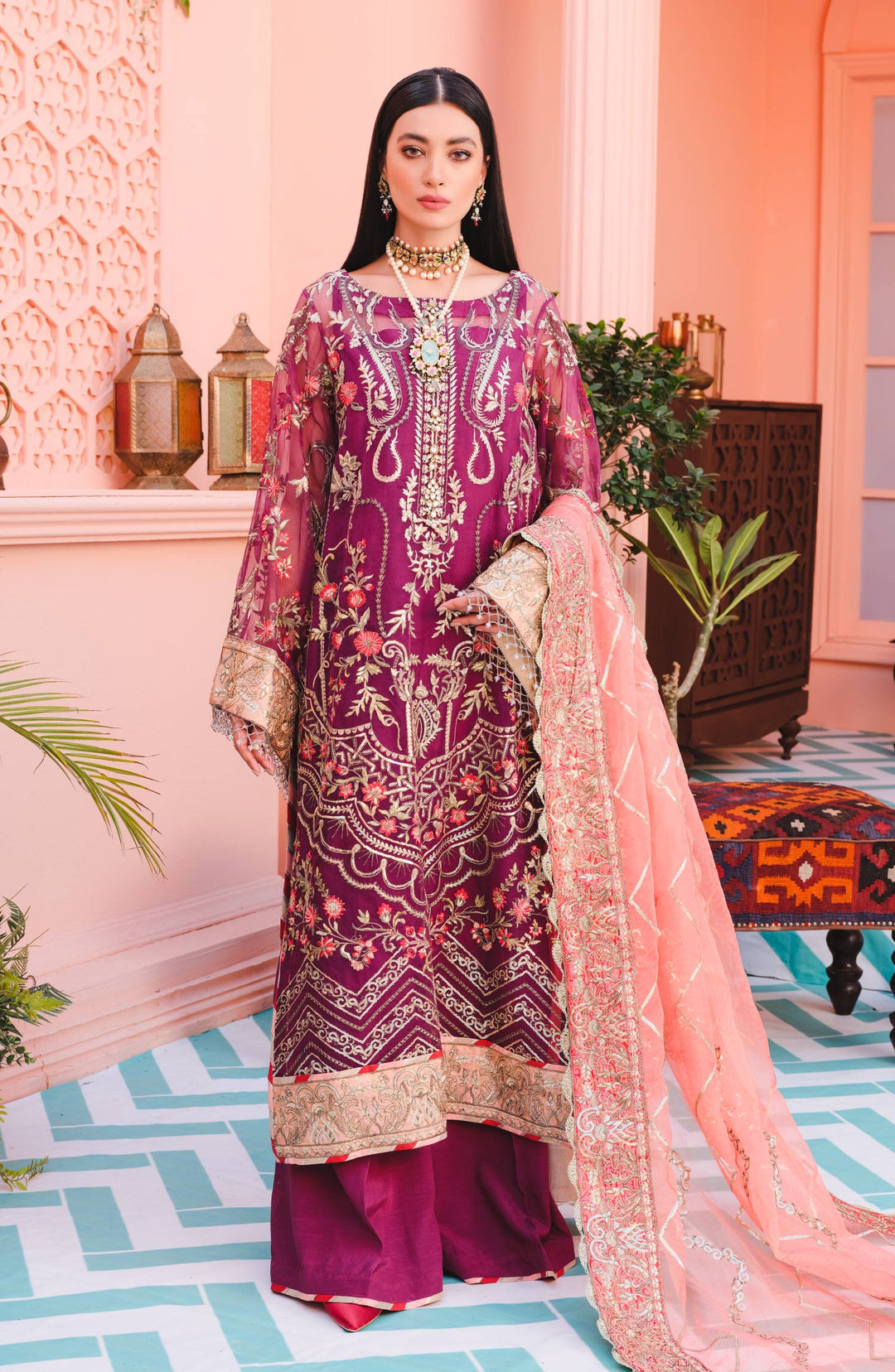 Fancy Shalwar Kameez Pakistani in Magenta Shade