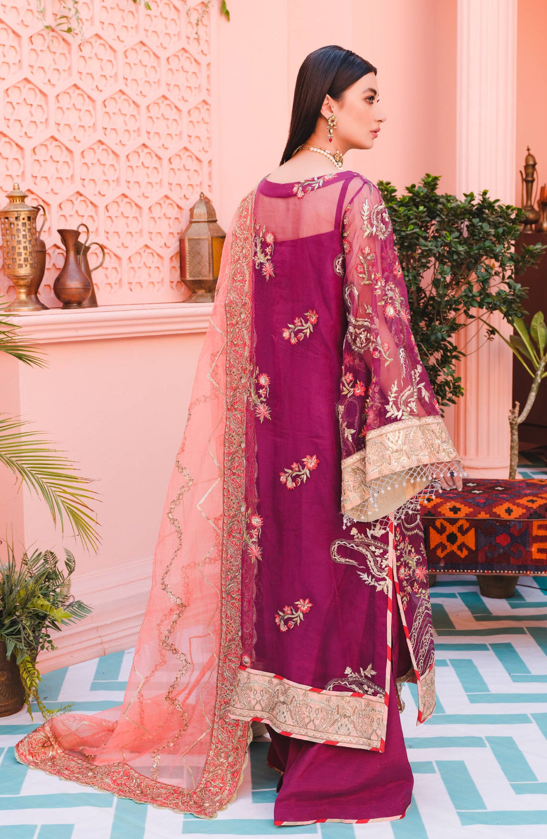 Fancy Shalwar Kameez Pakistani in Magenta Shade 2022