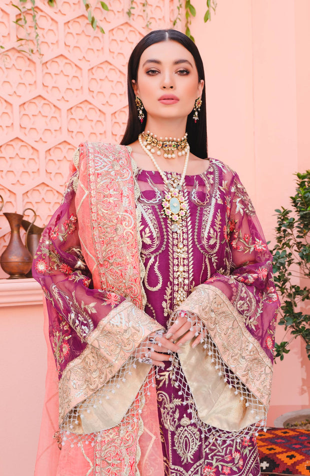 Fancy Shalwar Kameez Pakistani in Magenta Shade Online