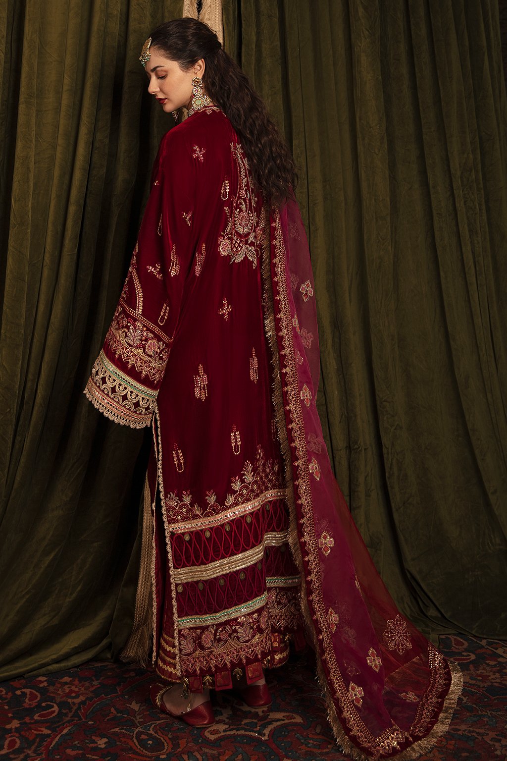 Fancy Velvet Pakistani Dress in Magenta Shade Embroidered