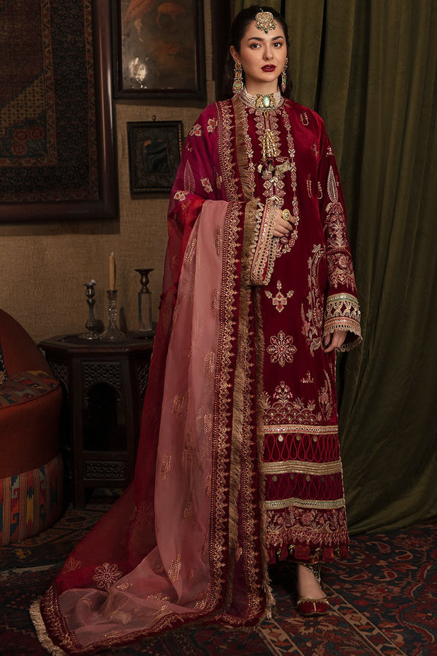 Fancy Velvet Pakistani Dress in Magenta Shade by Designer Nameera by Farooq Fancy Velvet Pakistani Dress in Magenta Shade by Designer Nameera by Farooq