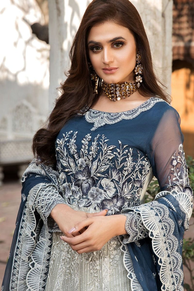 Fancy Eid Frock in Silver and Blue Color Close Up