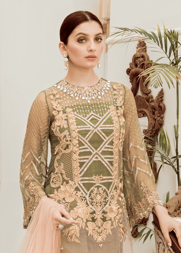 Embroidered fancy chiffon dress in lavish mehndi green color # P2282
