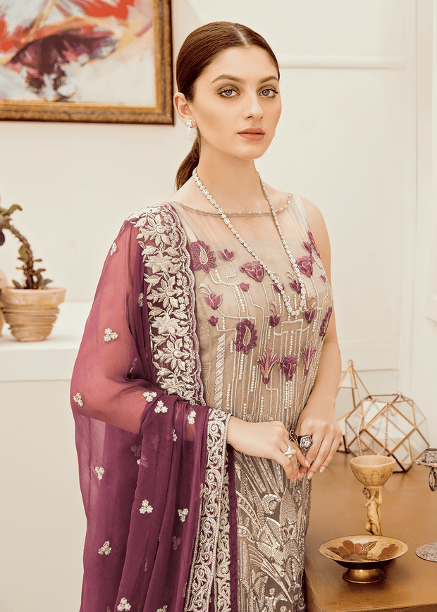 Pakistani  fancy chiffon outfit in decent grey color