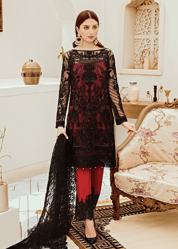 Beautiful fancy net dress in black and red color # P2283