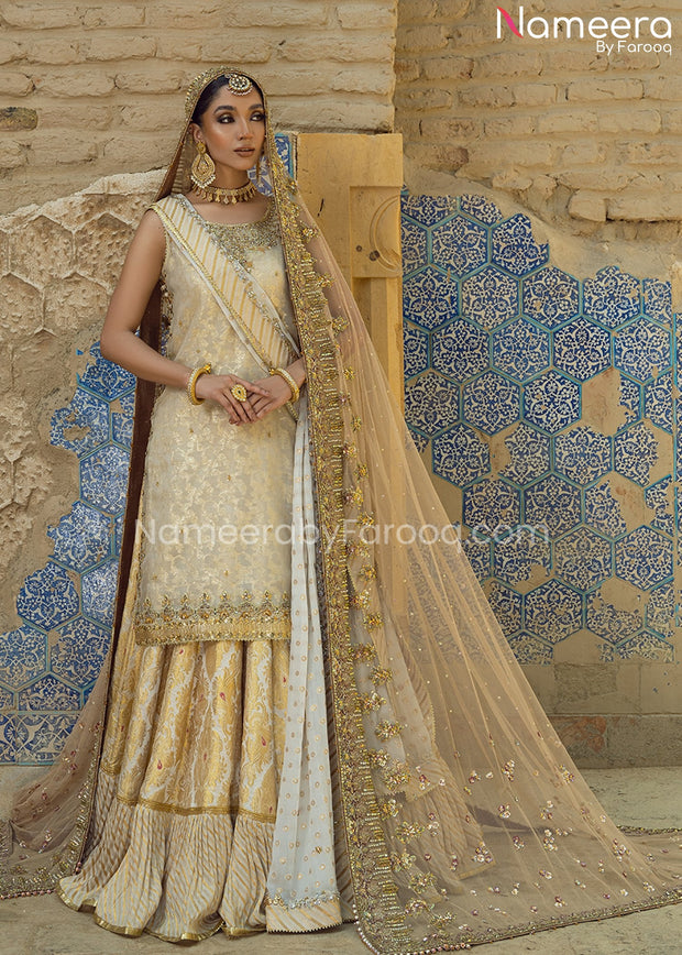 Farshi Gharara and Kameez Dupatta in Ivory Gold