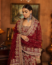 Farshi Lehenga Kameez Deep Red Bridal Dress Pakistani Online