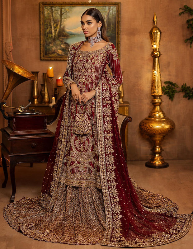Farshi Lehenga Kameez Deep Red Bridal Dress Pakistani