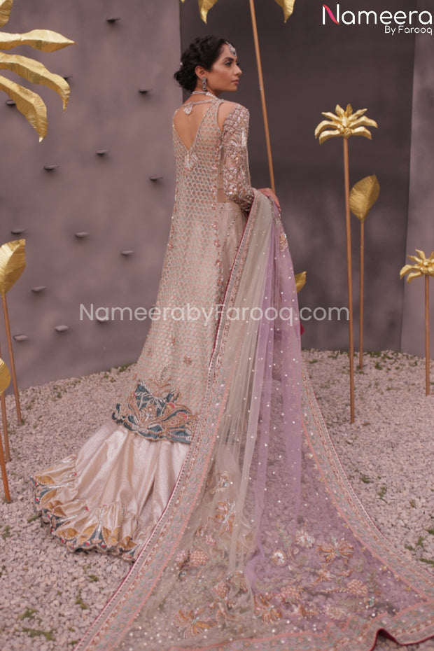 Farshi Lehenga Bridal Pakistan with Long Shirt Backside View