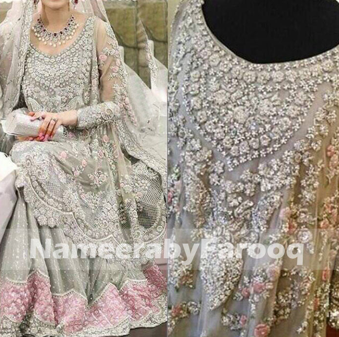 Grey Fershi Lahanga With Pink & SIlver Zaree Nugh Dabka Thread Flower Work Model#W 155