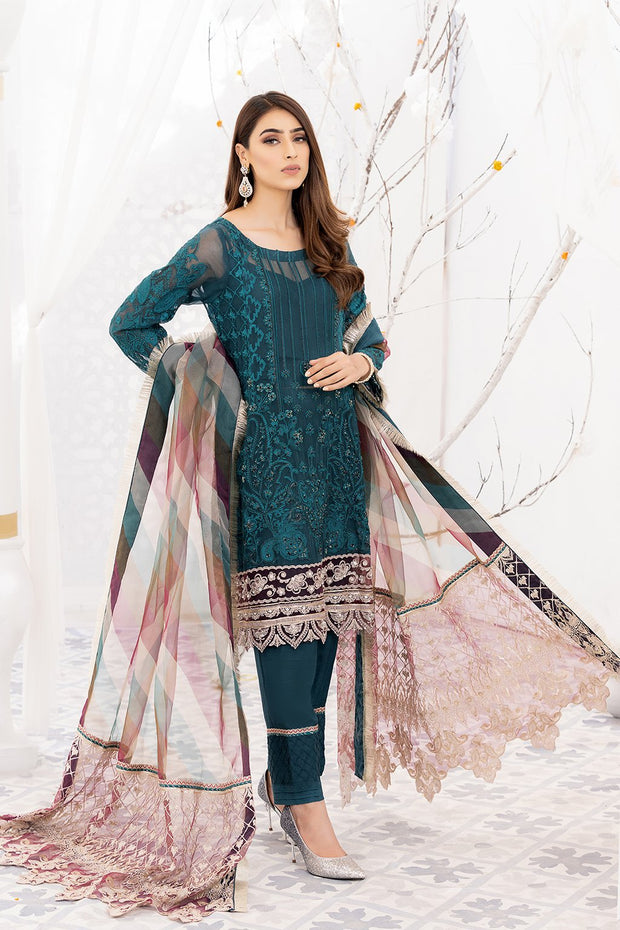 Festive Chiffon Suit in Sea Green Color