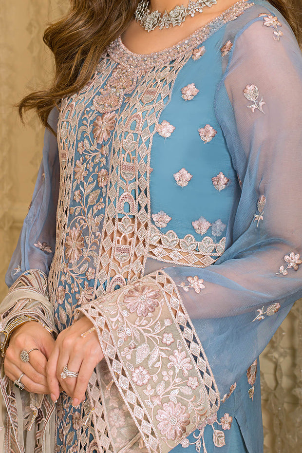Festive Pakistani Blue Dress in Embroidered Chiffon Kameez and Raw Silk Trousers Style