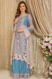 Festive Pakistani Blue Dress in Embroidered Chiffon Kameez and Raw Silk Trousers for Eid Online