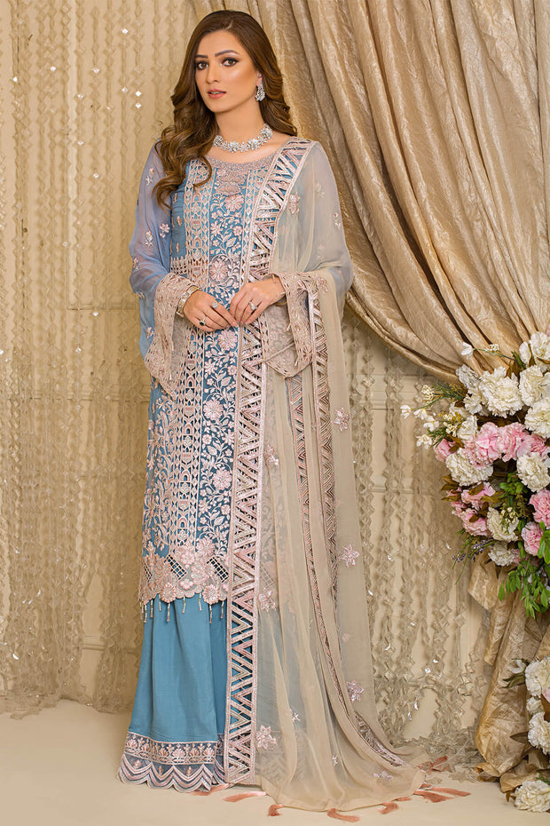 Festive Pakistani Blue Dress in Embroidered Chiffon Kameez and Raw Silk Trousers for Eid