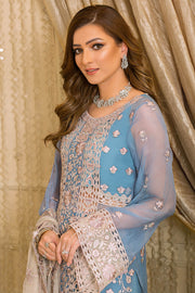 Festive Pakistani Blue Dress in Embroidered Chiffon Kameez and Trousers for Eid