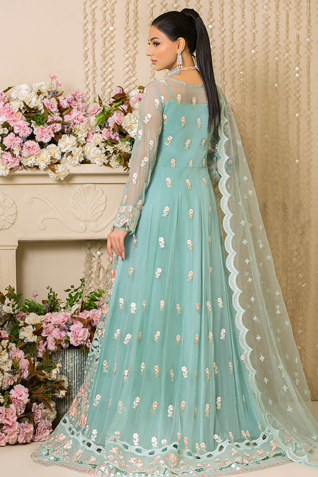 Festive Pakistani Eid Dress in Embroidered Net Frock Dupatta and Raw Silk Trousers Style Online
