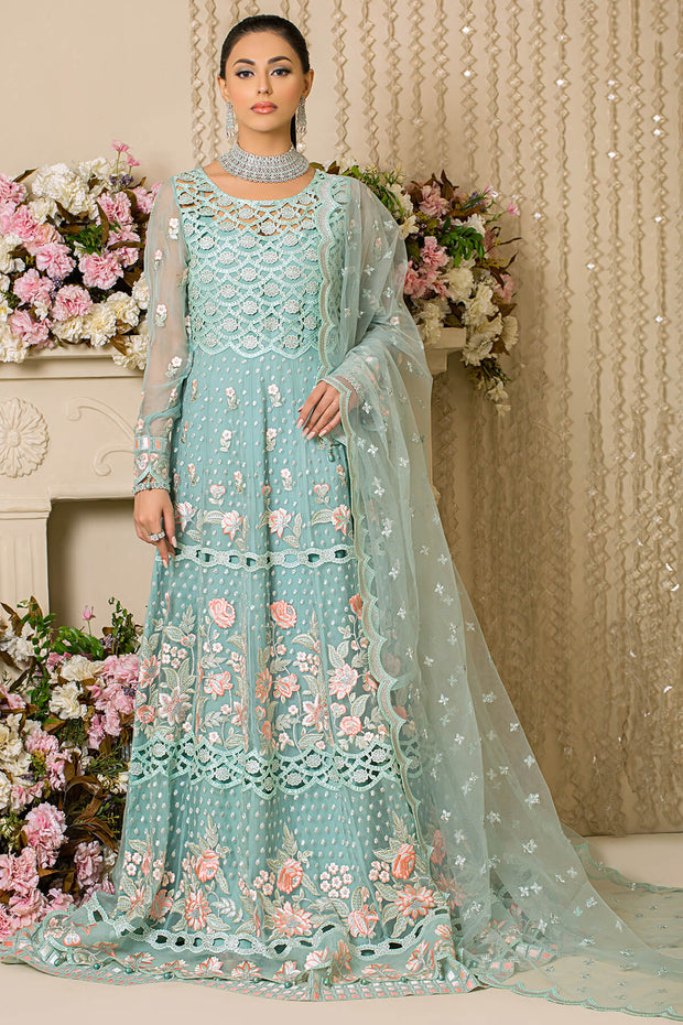 Festive Pakistani Eid Dress in Embroidered Net Frock Dupatta and Raw Silk Trousers Style