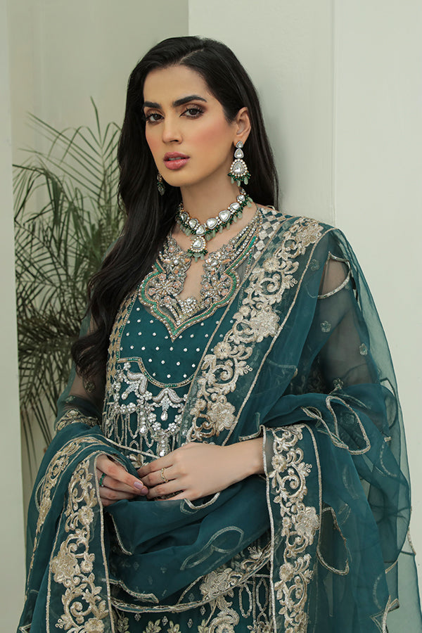Festive Pakistani Embroidered Dress in Kameez Trouser and Dupatta Style for Eid